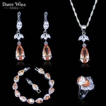 

Best Present For lady White Crystal Champagne Zircon Silver Color Jewelry Sets For Women Bracelets earrings rings pendant