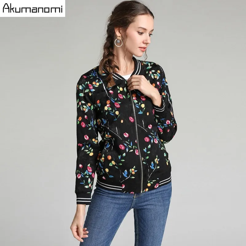 

Autumn Jacket Mandarin Collar Full Sleeve Flower Print Zipper Women Clothes Spring Tops Overclothes Coat Plus Size 5XL 4XL 3XL-M