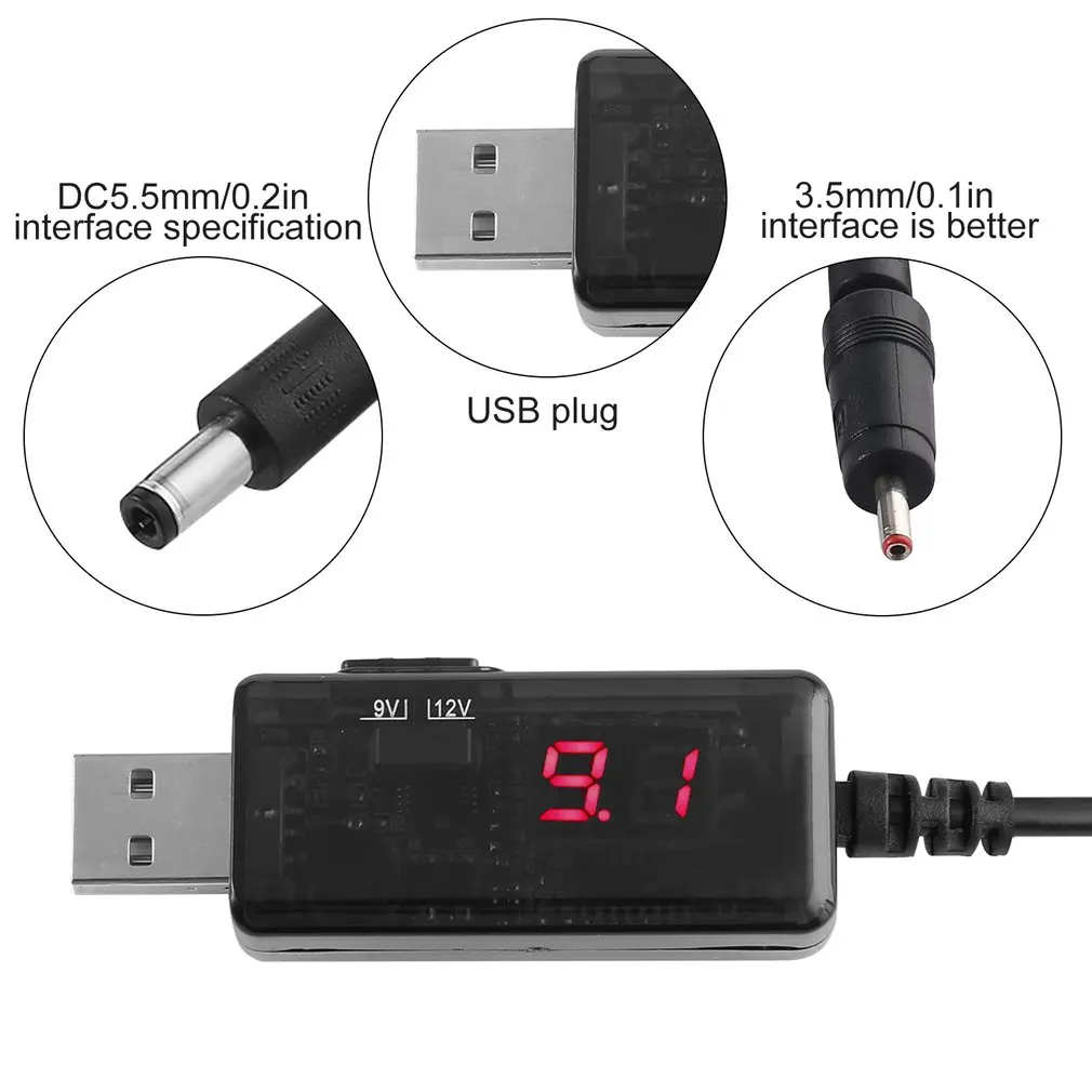 

1M Length Digital Adapters Display Usb Booster 5V Input To 9V/12V Usb To Dc Round Hole Charger Tester Power Supply For Router