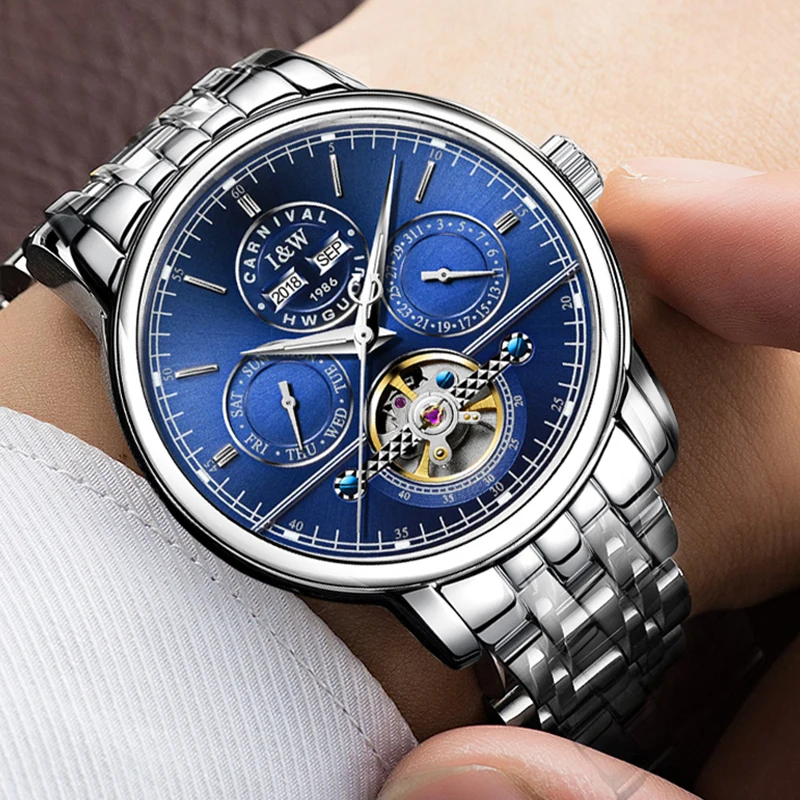 

New Switzerland I&W Carnival Luxury Brand Men‘’s Watches Multi-function Automatic Mechanical Sapphire Luminous Skeleton C8724G-3