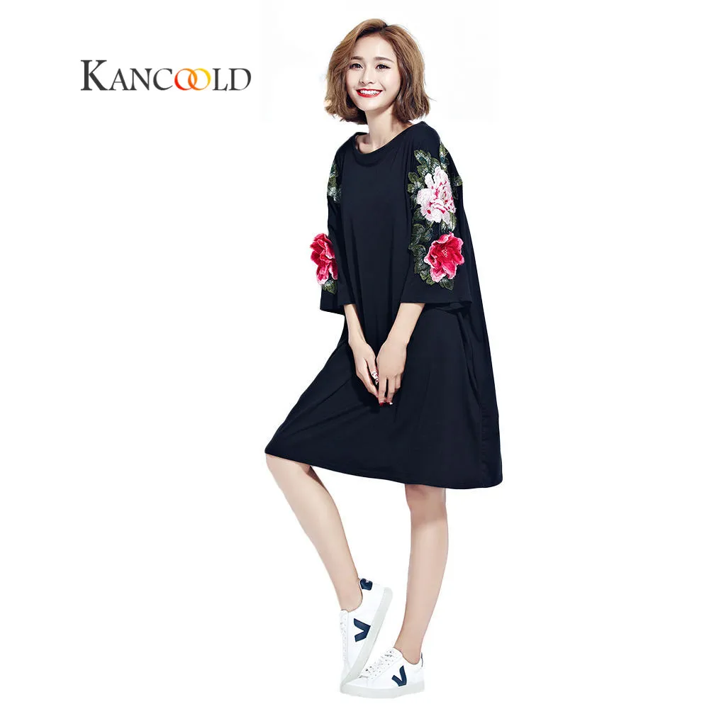KANCOOLD мода плюс groBe frauen kleider blumen аппликации schwarz baumwolle футболка платье мех frauen подходит sep21
