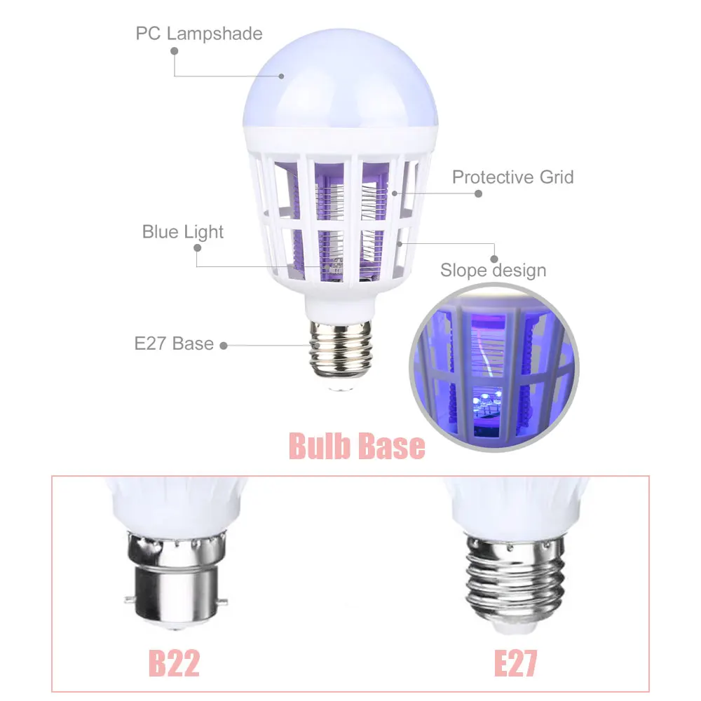 E27/B22 База 2 в 1 Zapper светодиодный светильник 110 В 220 В, лампа от комаров 8 Вт/9 Вт, лампа для борьбы с вредителями, лампа для фойе, спальни, безвредная