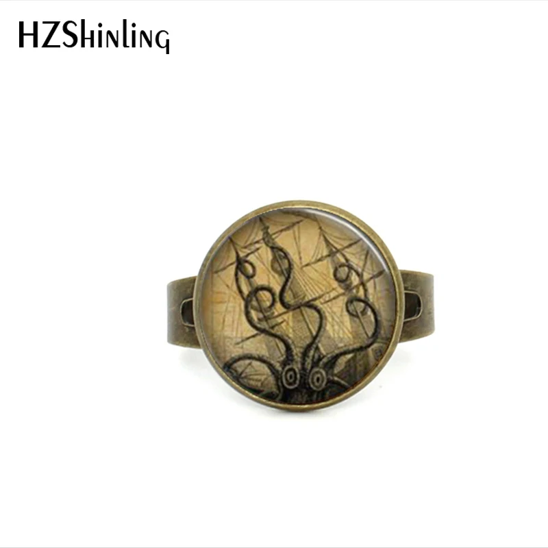 

2017 New Style Glass Dome Adjustable Rings Vintage Octopus Ring Kraken Old Ship Nautical Sea Life Jewelry Glass Dome Ring