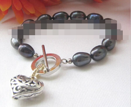 

free shipping 00856 black baroque freshwater pearl bracelet & heart shape pendant