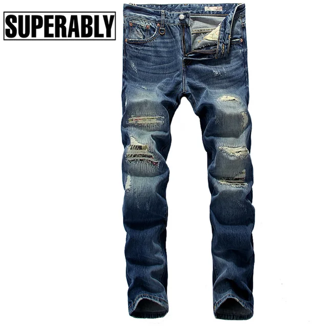 Blue Color Classic Men`s Jeans High Quality Straight Fit Destroyed ...