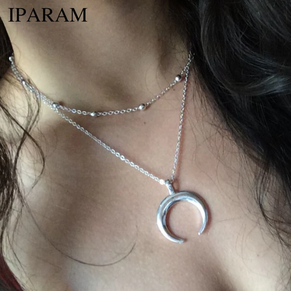 2019 New Fashion 2 Layers Chain Necklace Horn Necklace Crescent Moon Necklace Boho Jewelry Minimal Girlfriend Gift