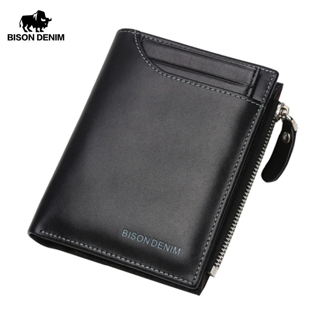 BISON DENIM Genuine Leather Wallet Men Purse Male Bifold Slim Wallet Card Holder Men Wallet With Coin Pocket Black Wallets N4370
