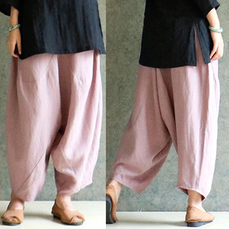 

M-5XL Summer Cotton Linen Trousers Women Wide Leg Pants Elastic Waist Vintage Baggy Pant Women Casual Loose Harem Pants Pantalon