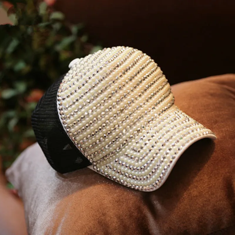 2016 women fashion pearl diamond female trucker hat mesh baseball caps