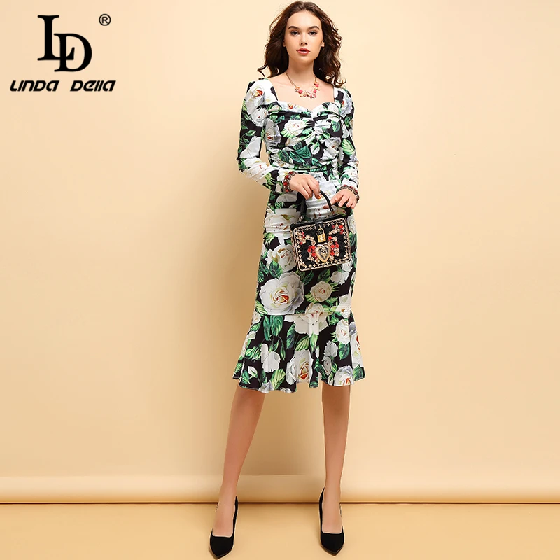 

LD LINDA DELLA Fashion Spring Summer Slim Dress Women's V-Neck Draped Ruffles Floral Printed Elegant Casual Midi Dresses 2019