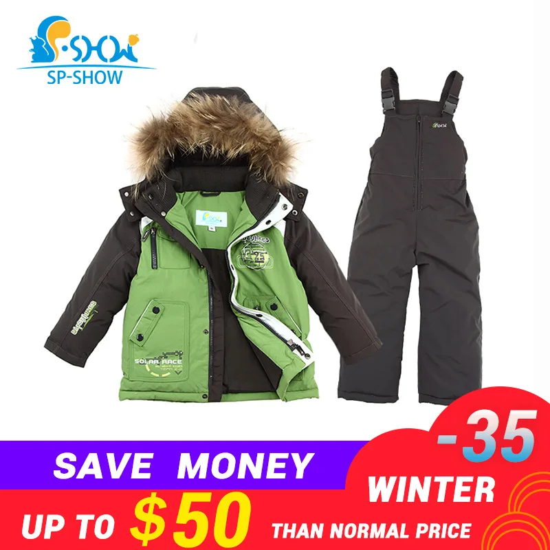 

BUY 1 SUIT GET 1 FREE SCARF -30 degrees SP-SHOW Winter 90% White down suit nature fur Boy and Girl Coats Kids Clothing Sets Ski