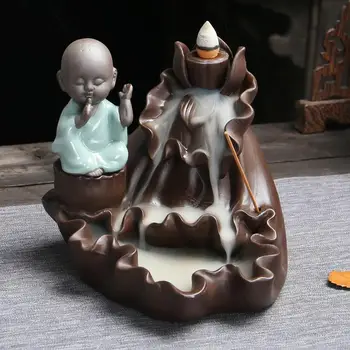 

Chinese Buddha Backflow Incense Burner Lotus Smoke Waterfall Little Monk Incense Stick Holder Ceramic Quemador De Incienso Home
