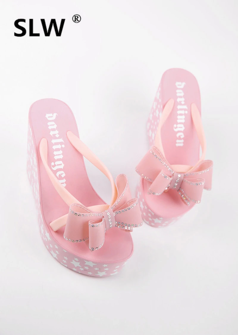 

Women's Slippers 2019 Platform On A Wedge Shoes Without Heel Slides Ladies Flip Flops Butterfly-knot New Beach Summer Flat