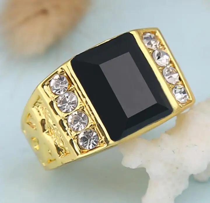 

HIP Hop Punk Rap Rhinestone Iced Out Bling Ring Gold Alloy Black Geometric Square Stainless Steel Rings for Men Women Jewelry
