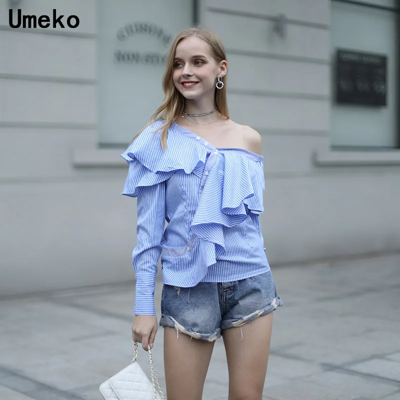 

Women Tops Off The Shudler Butterfly Striped Shirt Long Sleeve Harajuku Streetwear One Shoudler V Neck Button Fashion Sexy Shirt