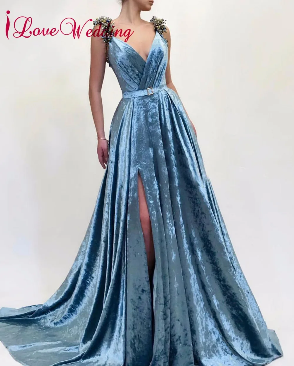 

New Arrival 2019 Sexy V Neck Velour Prom Dresses Custom made A Line Side Split Formal Long Prom Gown for Party
