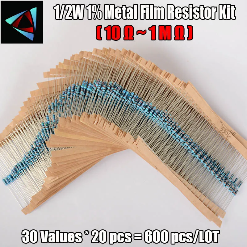 

1/2W 1% 30 values (10ohm-1M ohm) 600 Pcs Each Value Metal Film Resistor Assortment Kit Set