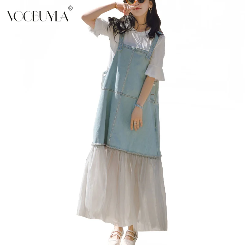 

Voobuyla Woman Casual Denim Mesh Patchwork Denim Dress Office Lady Work Blue Dress Vestidos Fashion Female Loose Summer Dress