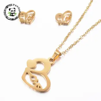 

304 Stainless Steel Jewelry Sets, Pendant Necklaces and Stud Earrings, Heart, Golden, 17.7"(45cm); 7.5x10x1.2mm, Pin: 0.8mm