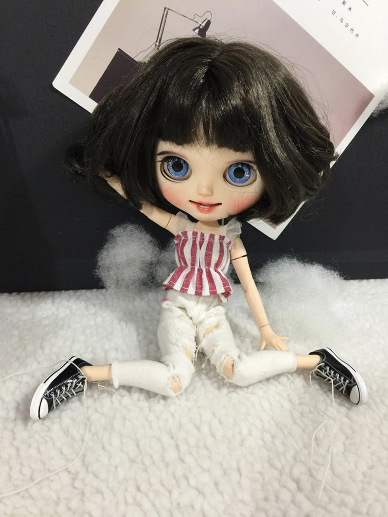 

1 Set 1/6 Fashion Doll Clothing Stripe Tops + Ripped Jeans for Blyth Kurhn Doll Accessories Clothes for dolls