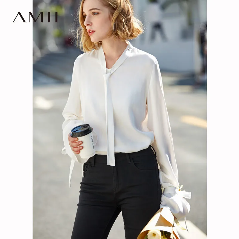 

Amii Minimalist V Neck Blouse Women Spring 2019 Women Elegant Solid Full Flare Sleeve Tie Lace Up Office Female Shirt Tops
