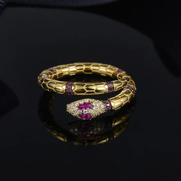 

Luxury Brand gold Red Cubic Zircon CZ Eyes Snake Ring 925 Sterling Silver Jewelry for women France Monaco Women Girls Party