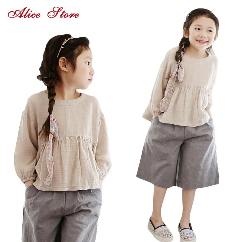

Girls Clothing Sets 2017 Autumn Chinese Style Linen Solid Color Long Sleeves Tops+Wide Leg Pants Kids Suits Children Clothing