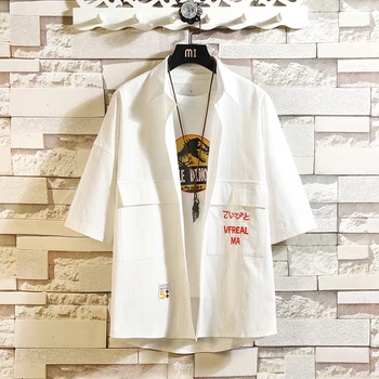 

Summer Loose Men Shirt Business Clothing Male Short Sleeves Casual Shirts Solid Letter embroidery Breathable Big pocket M-5XL