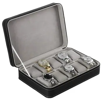 

Portable Watch Box Organizer PU Leather Casket with Zipper Classic Style 10 Grids Multi-Functional Bracelet Display Case