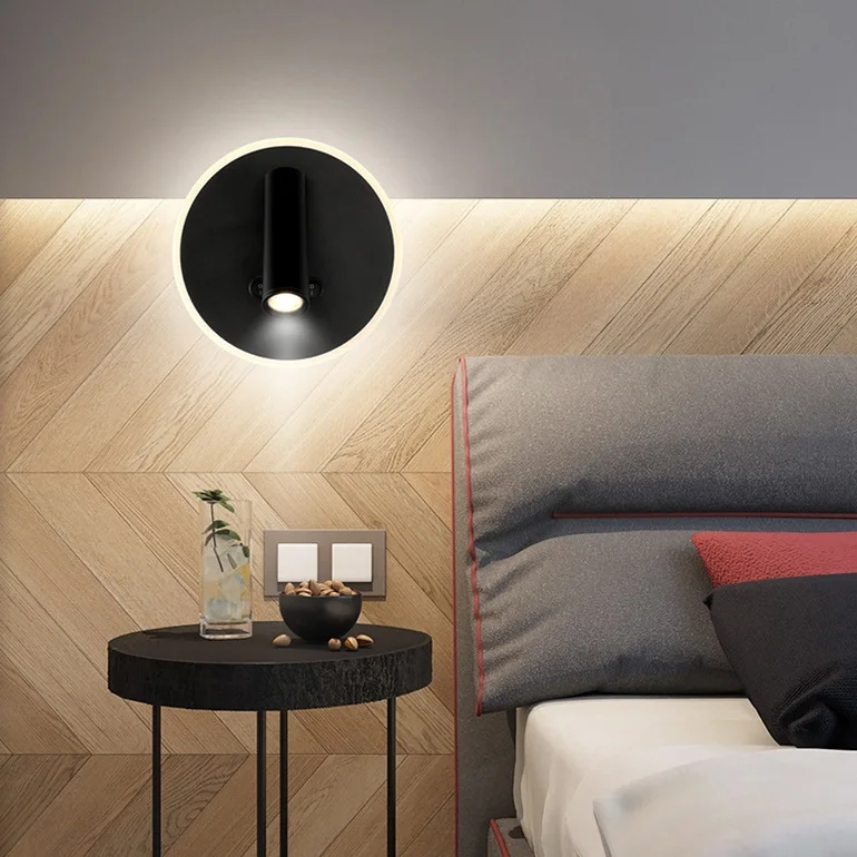 

10W LED Wall Sconce Reading Light Fixture Ambient Circle Lamp Rotatable Bedside Spotlight DualSwitch White/Black shell