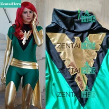 Free Shipping DHL Jean Grey Costume X Men Phoenix Lycra Spandex Green and Shiny Metallic Gold