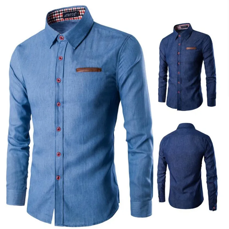 New Nice Men's Denim Long Sleeve Shirt Brand Clothing Male Slim Fit