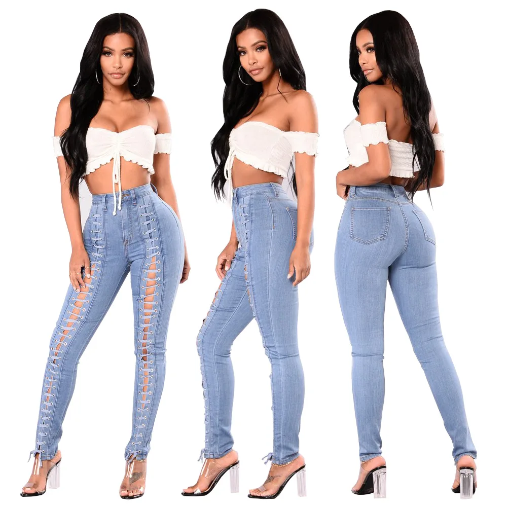 

2019 Fashion High Waist Blue Front Lace Up Bandage Skinny Novelty Woman True Denim Pants Trousers For Women Jeans Hot Sale Items