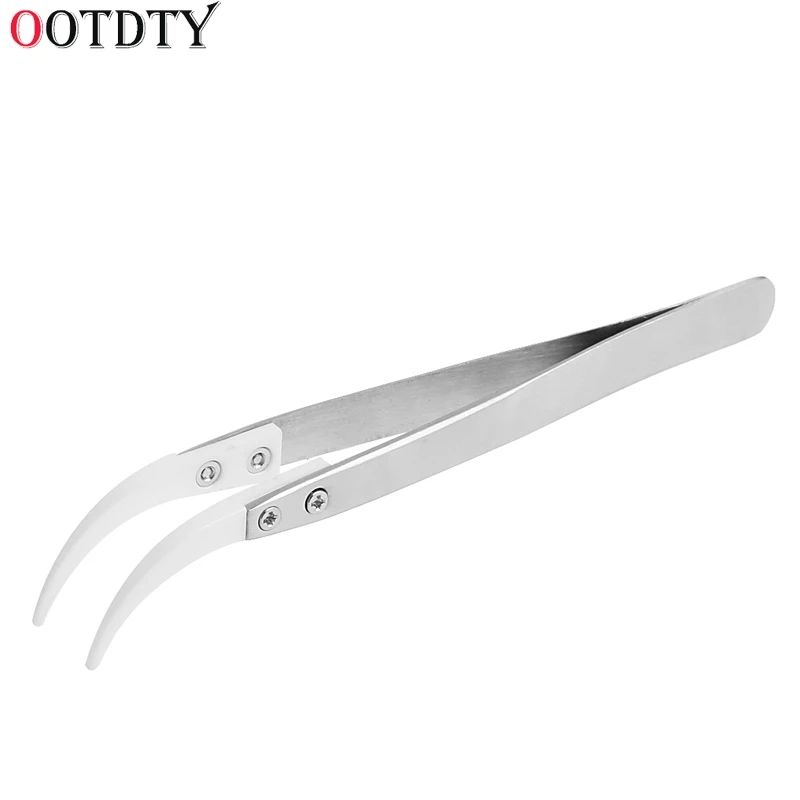 

OOTDTY Stainless Steel Handle Ceramic Heat Resistant Tip Curved Tips Tweezers Silver Industrial Repair Tools