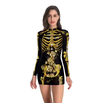 

Women long sleeve Dress Halloween golden skeleton rose Printing Performance Garment Dress Cosplay tight Dresses