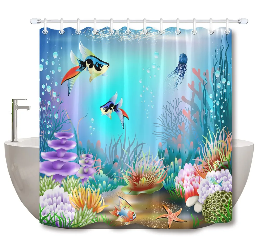 Lb 3d Underwater World Of Fish Coral And Plants Extra Long Shower