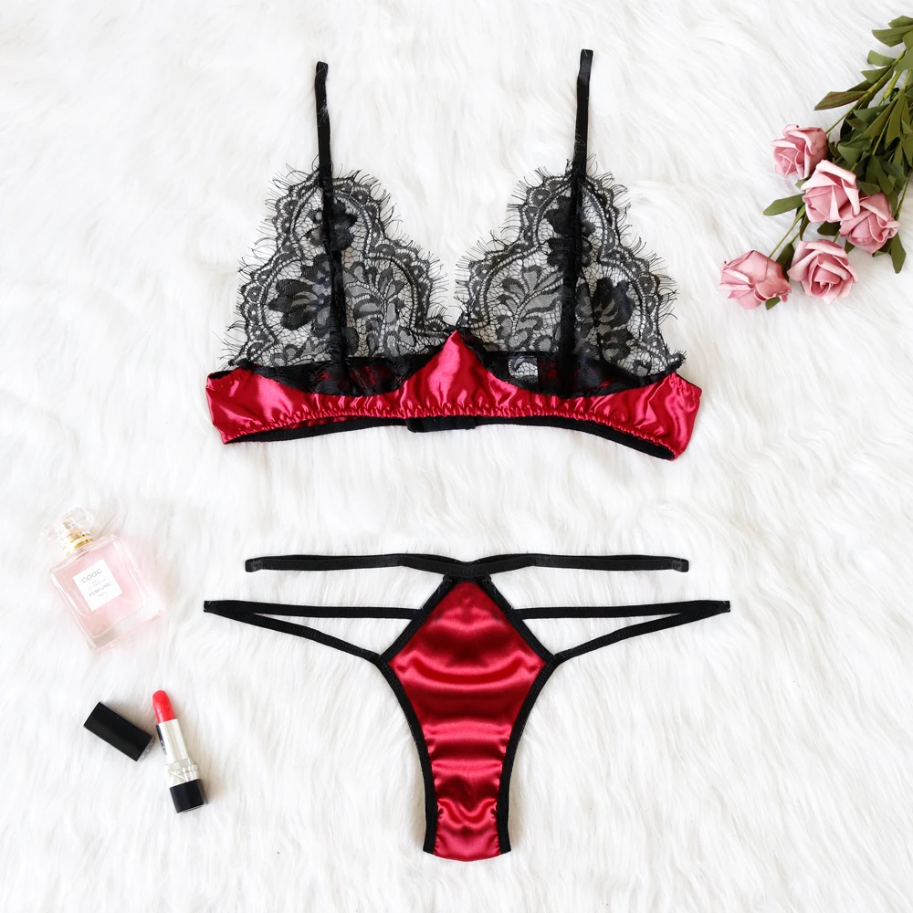 

Women Sexy Lace Lingerie Set Satin Silk Stitching Corset Bralette Bra Hollow Bandage G String Panties Underwear Sleepwear Set