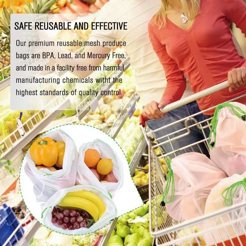 Reusable Produce Bags 12Pcs Mesh Washable For Vegetable Fruit Sandwich Lightweight, Strong For Shopping Transporting Storing