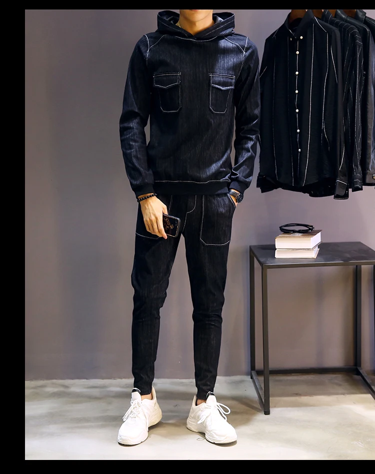 Весна и осень 2018 Корейская версия трек поле просторное худи костюм для мужчин молодежная мода досуг джинсы с капюшоном