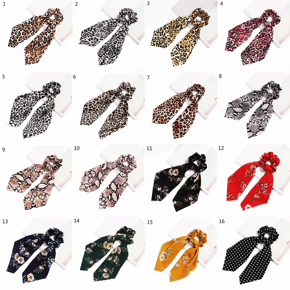 

Leopard Snake Floral Dot Streamers Scrunchies Hair Scarf Elastic Bow Hair Rope Hair Bands Women Girls Vintage Hair Accessories