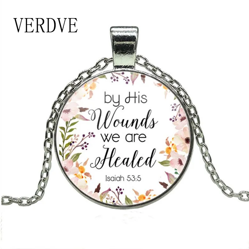 

VERDVE By His wounds we are healed Isaiah 53 5 Bible Verse Necklace Glass Tile Pendant Fashion Jewelry Women Men Christian Gift