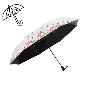 

Spring Korean Version Rain Umbrella Women Vinyl anti-UV Parasol 3 Folding Black Coating Modest maid Paraguas Woman Umbrella