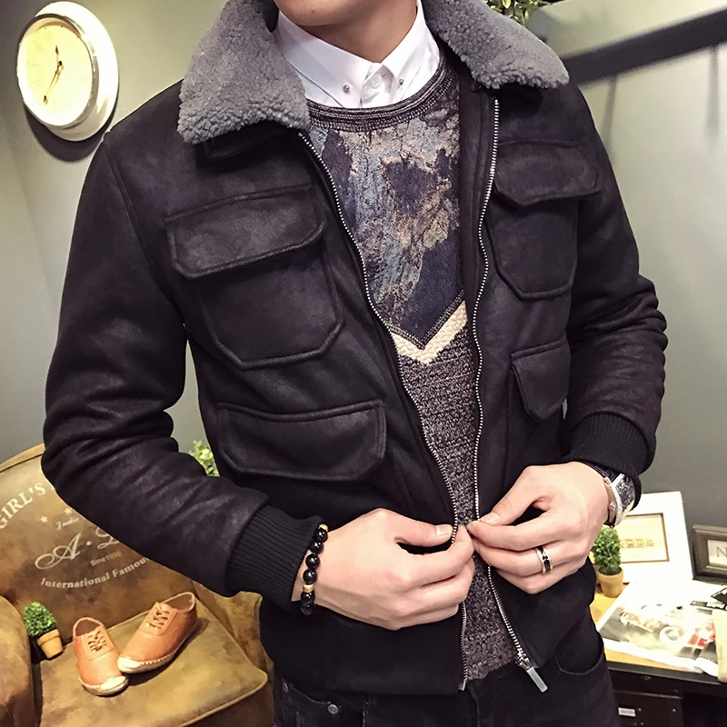 Chaqueta Invierno Hombre зимняя мужская пуховая модная зимняя куртка-бомбер с воротником из овечьей шерсти, черное, зеленое Стеганое пальто, приталенное M-3XL - Цвет: black