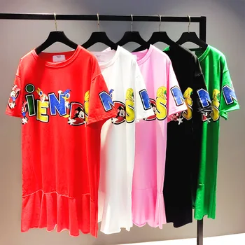 

Summer Fashion Women's Letter Print Long Tshirt Female Students Large Size Cotton Tops Short Sleeved Candy Color Tees