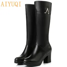 AIYUQI New Winter Genuine Leather boots Women Shoes high-heeled Mid-calf women long boots warm snow boots Lady Fashion shoes asumer new arrive youth fashion height increasing mid calf boots for women high quality pu soft leather winter warm snow boots