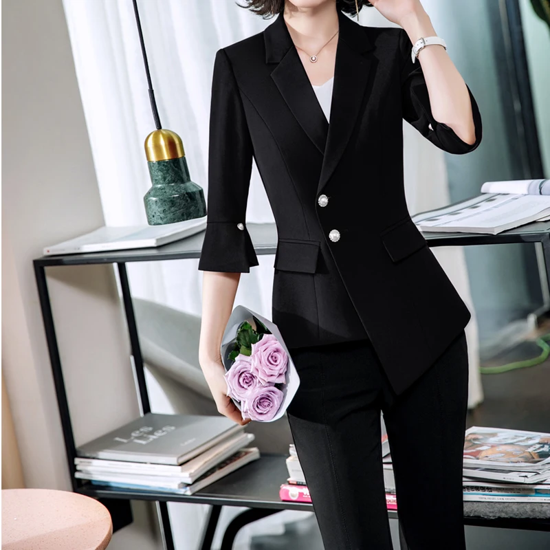 

Classic single Breasted Half Sleeve Blazer Women Pant Suits Notched Collar Blazer Jacket & Flare Pants Office Ladies Female Sets
