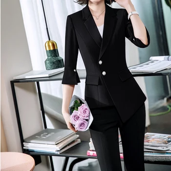

Classic single Breasted Half Sleeve Blazer Women Pant Suits Notched Collar Blazer Jacket & Flare Pants Office Ladies Female Sets