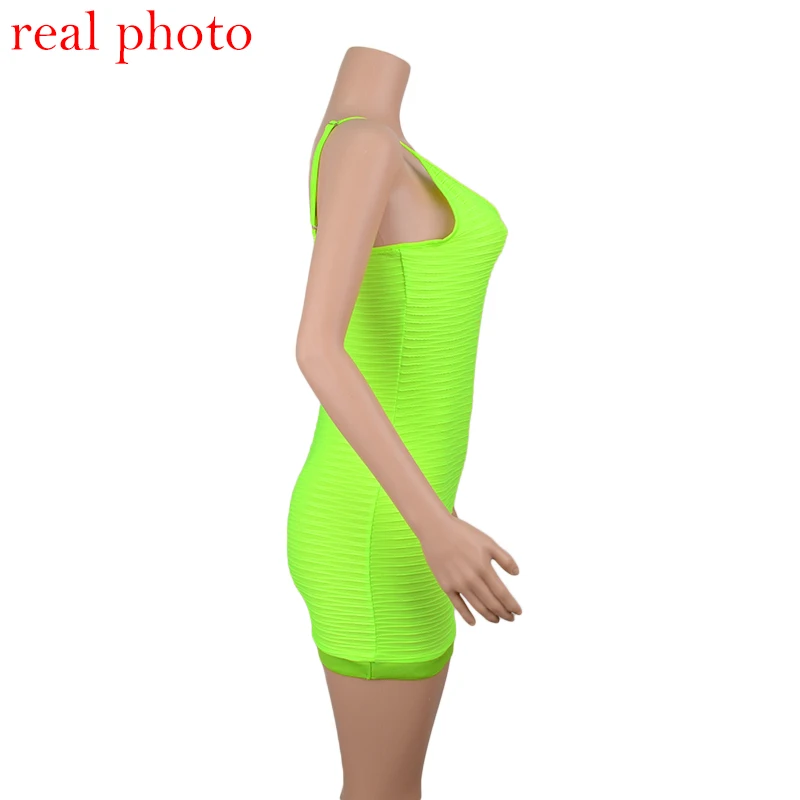 Криптографическое неоновое зеленое модное женское платье с рюшами на тонких бретелях, облегающее летнее сексуальное мини-платье без рукавов, вечерние Клубные платья