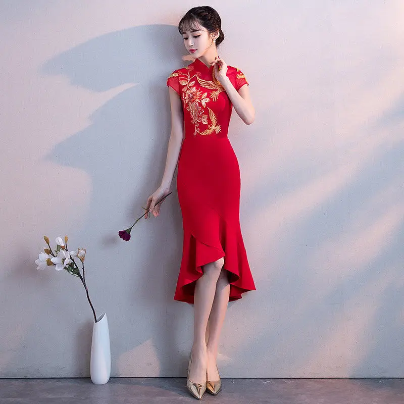 Красное свадебное платье-Русалка Элегантное традиционное вечернее платье cheongsam платье сексуальное длинное Qipao Вышивка подружки невесты платья вина