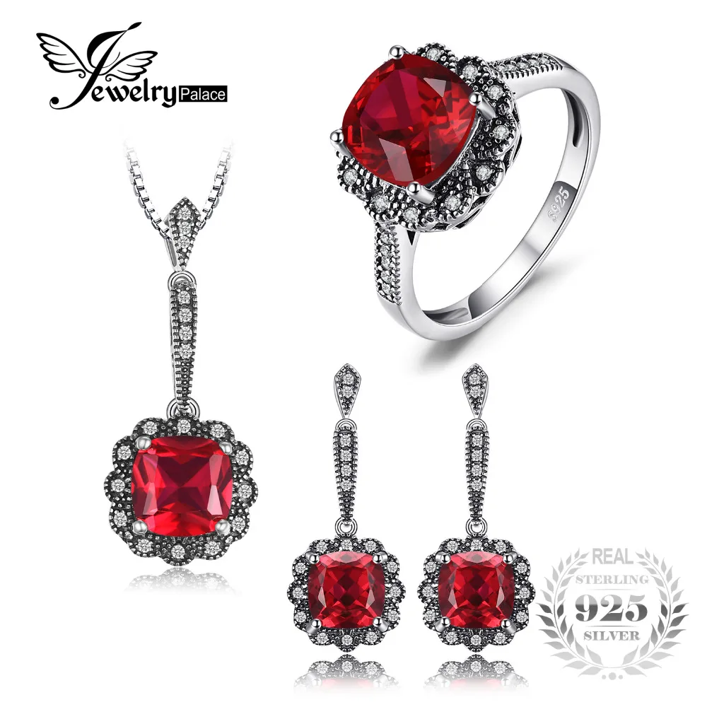 

JewelryPalace Vintage 11ct Created Ruby Ring Pendant Necklace Drop Earrings Fine Jewelry Sets 925 Sterling Silver 45cm Chain New